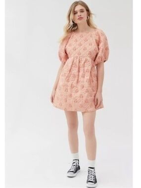 Urban Outfitters Kimchi Blue Coral-Pink Brocade Open-Back Mini Dress